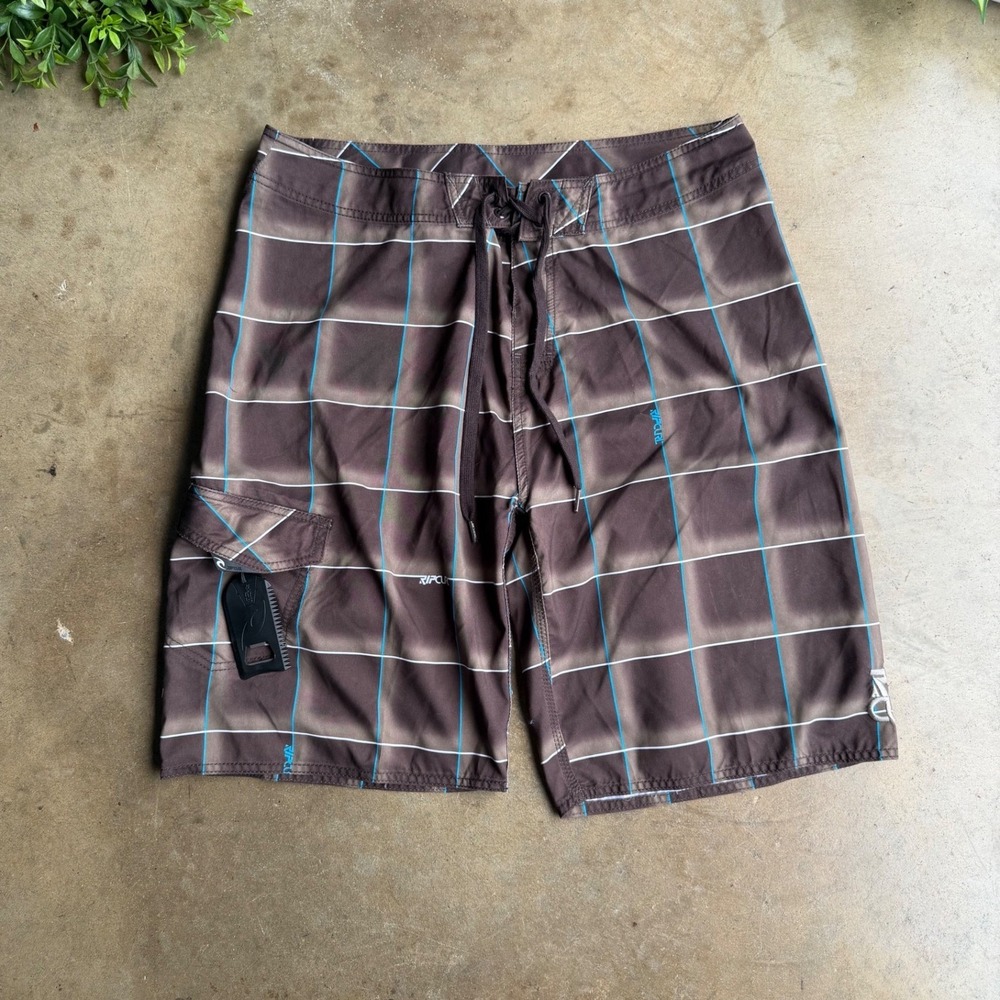 Rip Curl Mens Brown Blue Plaid Board Shorts Size 36 Cargo Pocket Swim Trunks
